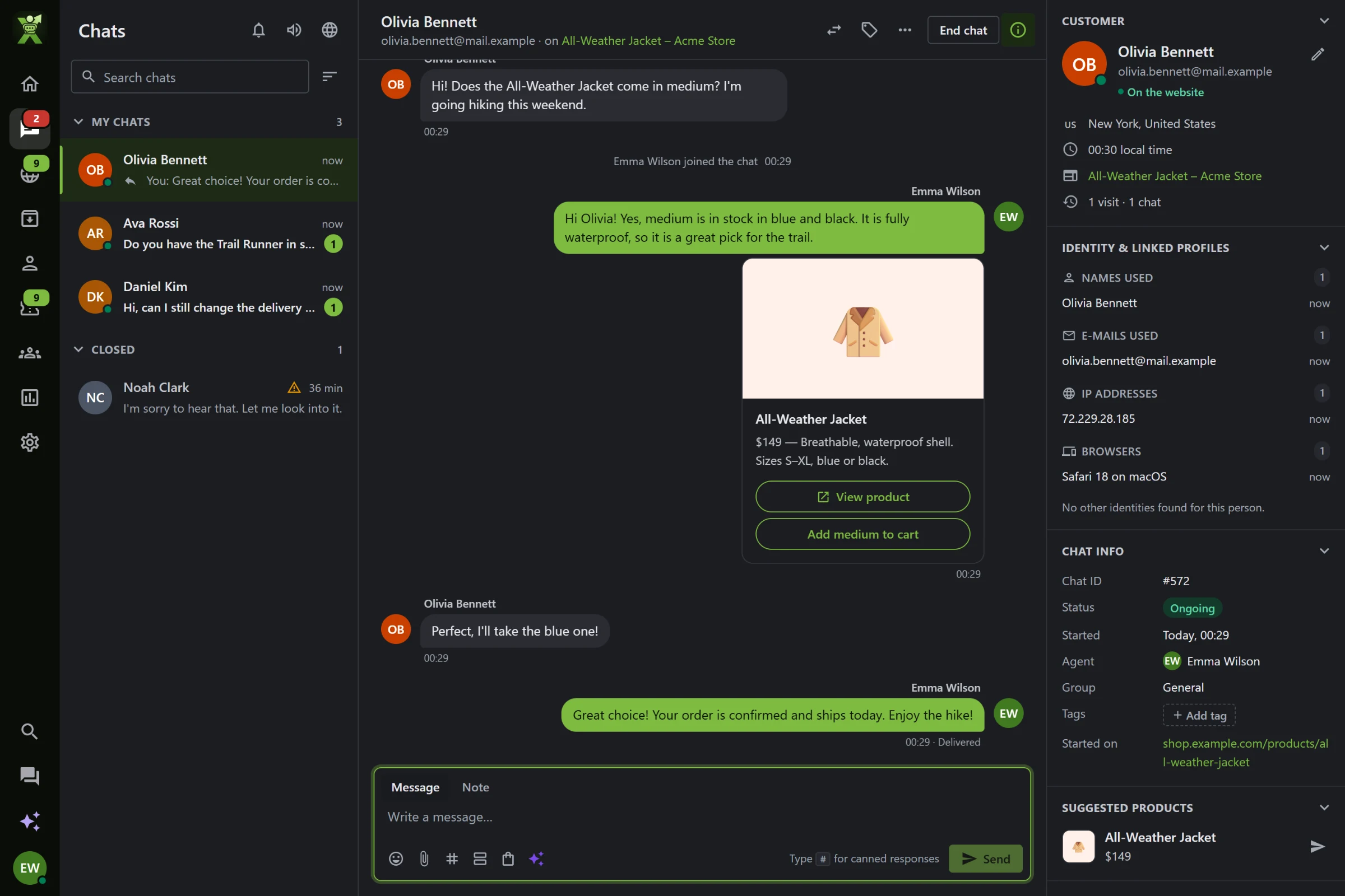 A chat with the customer’s details on the side