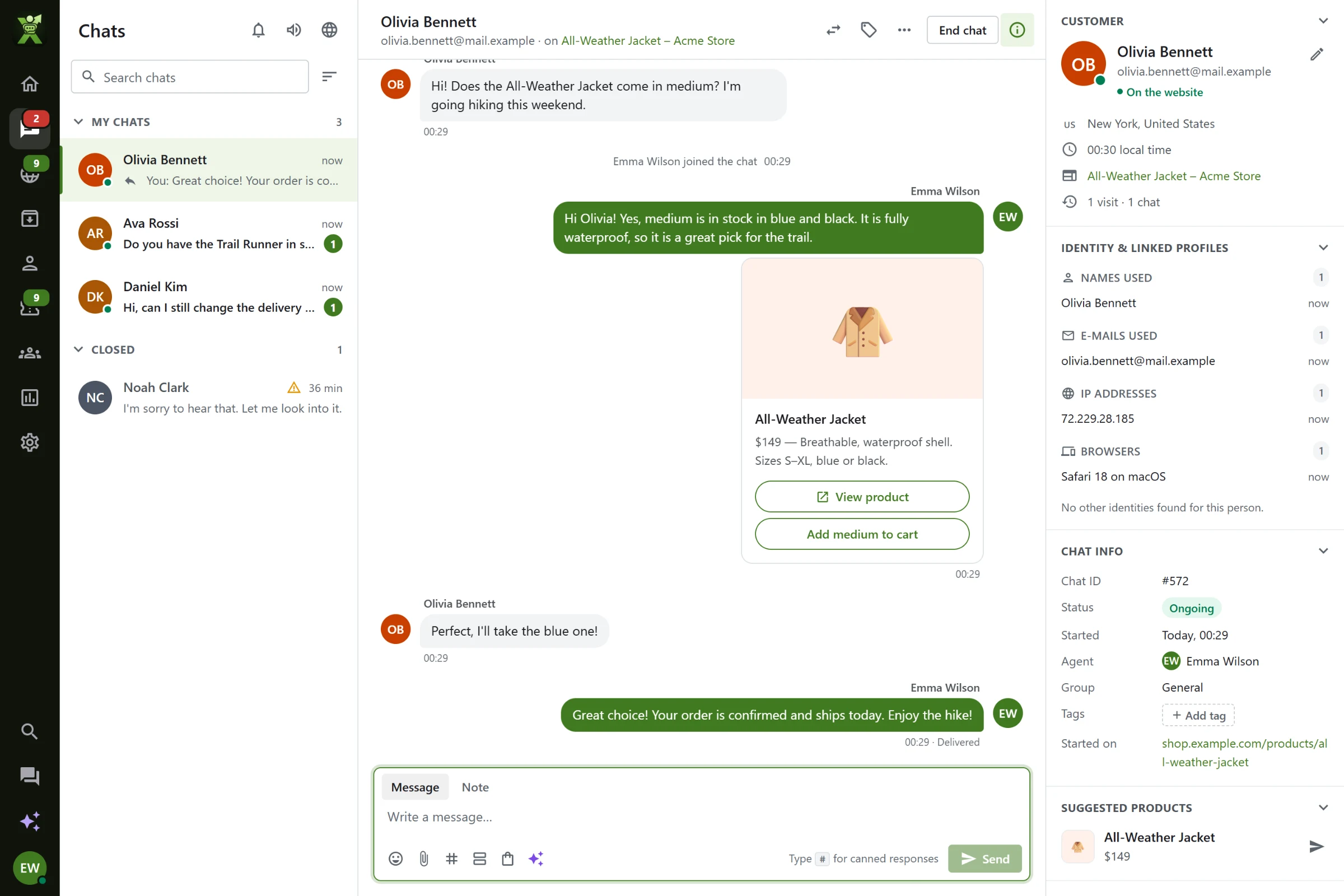 A chat with the customer’s details on the side